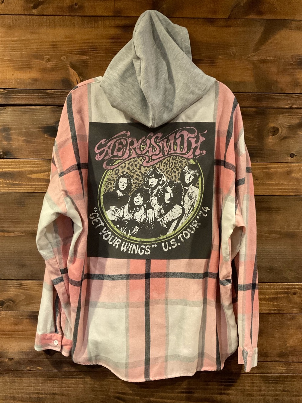 Custom Aerosmith 'Get Your Wings' Pink Plaid Hooded Flannel Oversized XLarge